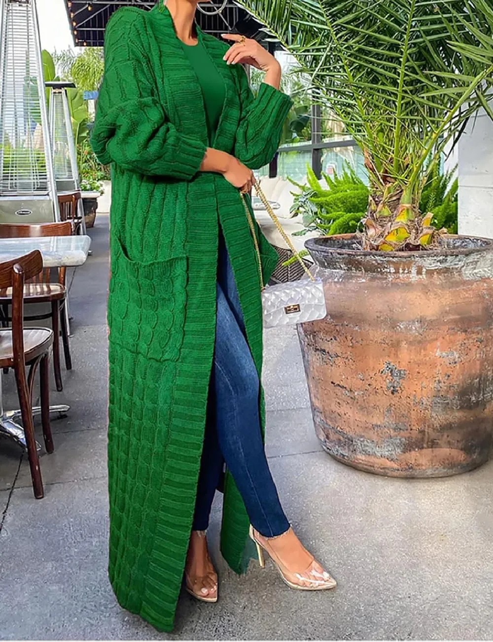 A ADILACA Women's Thin Type Stylish Cable Knit Cardigan with 2-Pockets, Women's Extra Long Ankle Length Sweater