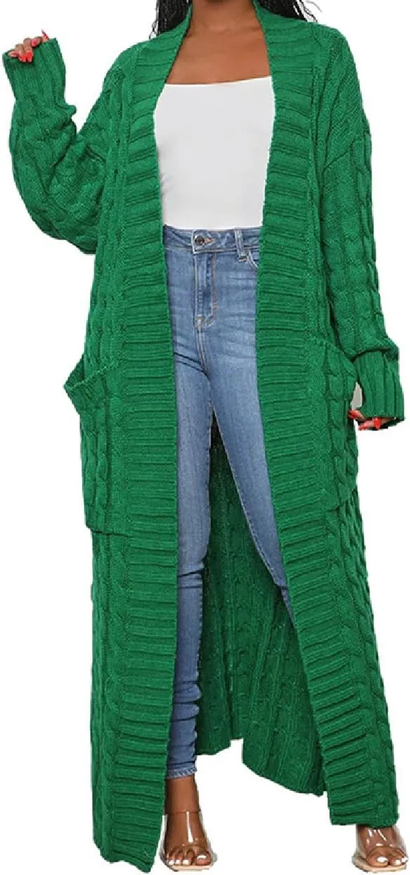 A ADILACA Women's Thin Type Stylish Cable Knit Cardigan with 2-Pockets, Women's Extra Long Ankle Length Sweater