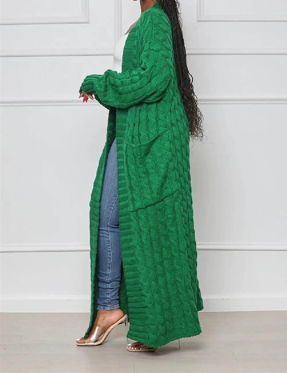 A ADILACA Women's Thin Type Stylish Cable Knit Cardigan with 2-Pockets, Women's Extra Long Ankle Length Sweater