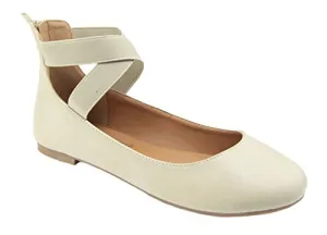 ANNA Dana-19 Beige Pu Women's Classic Ballerina Flats With Elastic Crossing Straps