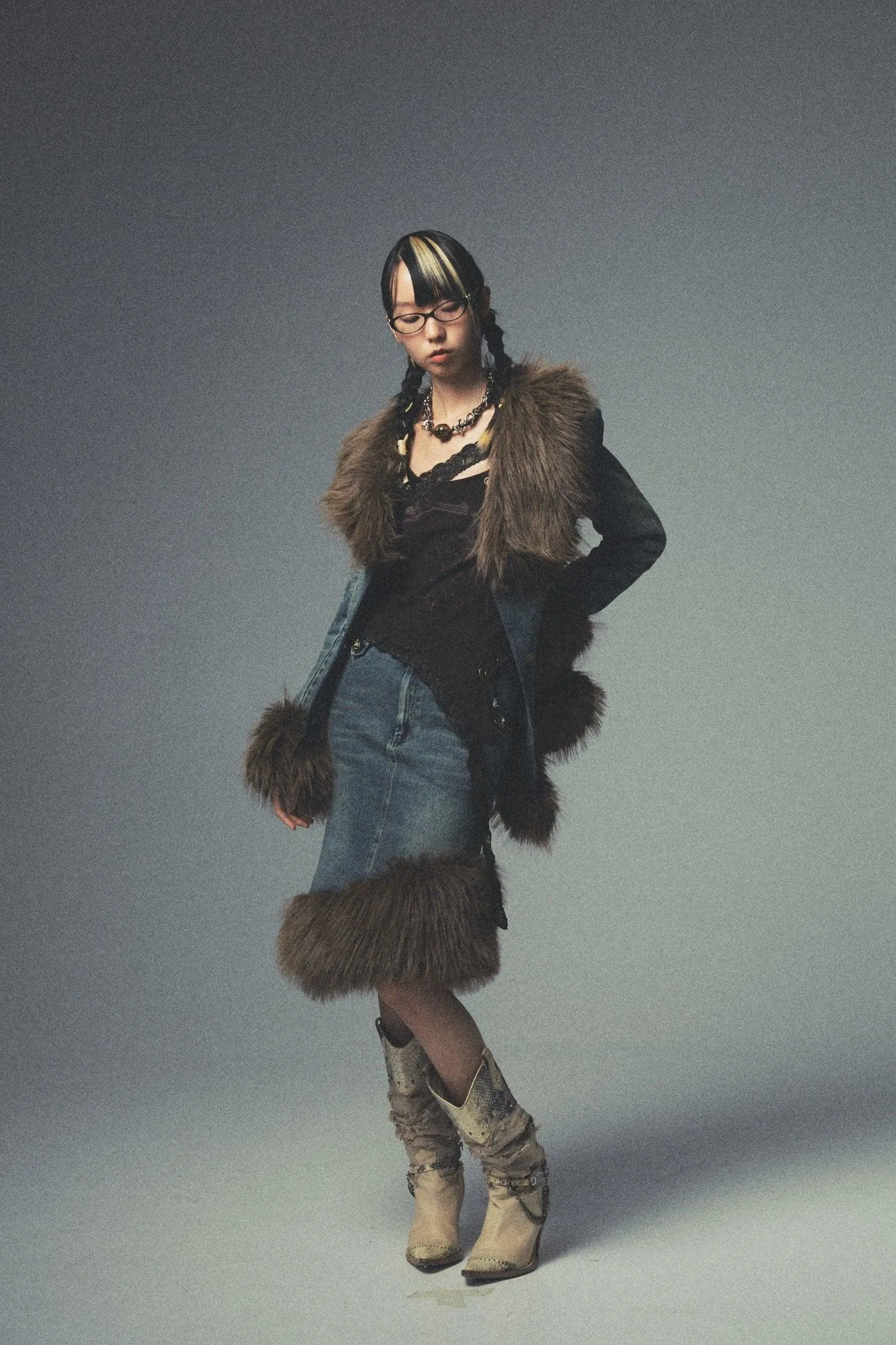Asymmetric Fur Denim Skirt
