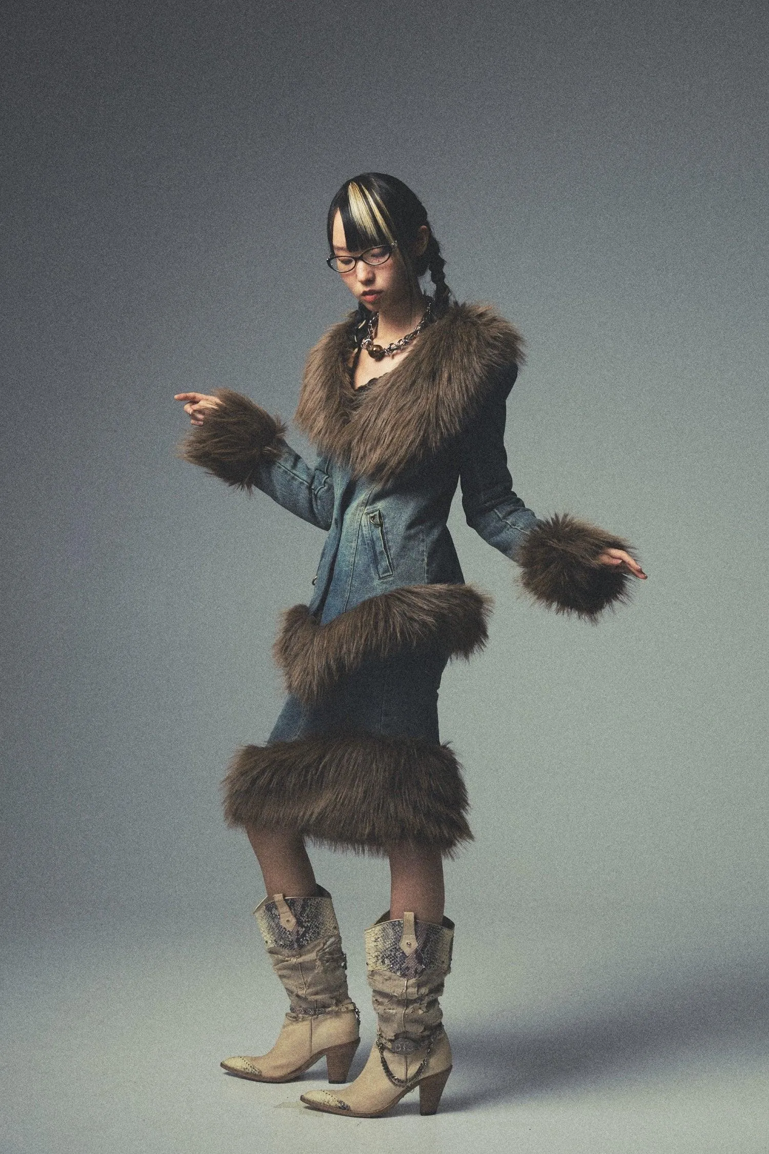 Asymmetric Fur Denim Skirt