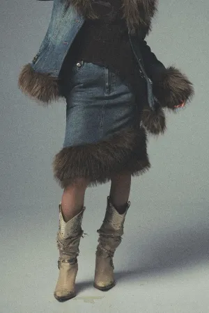 Asymmetric Fur Denim Skirt