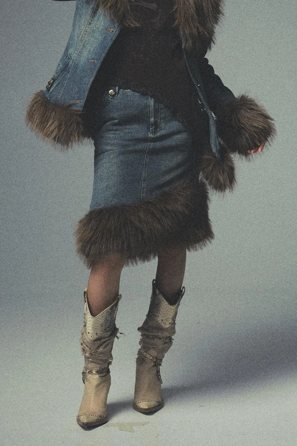 Asymmetric Fur Denim Skirt