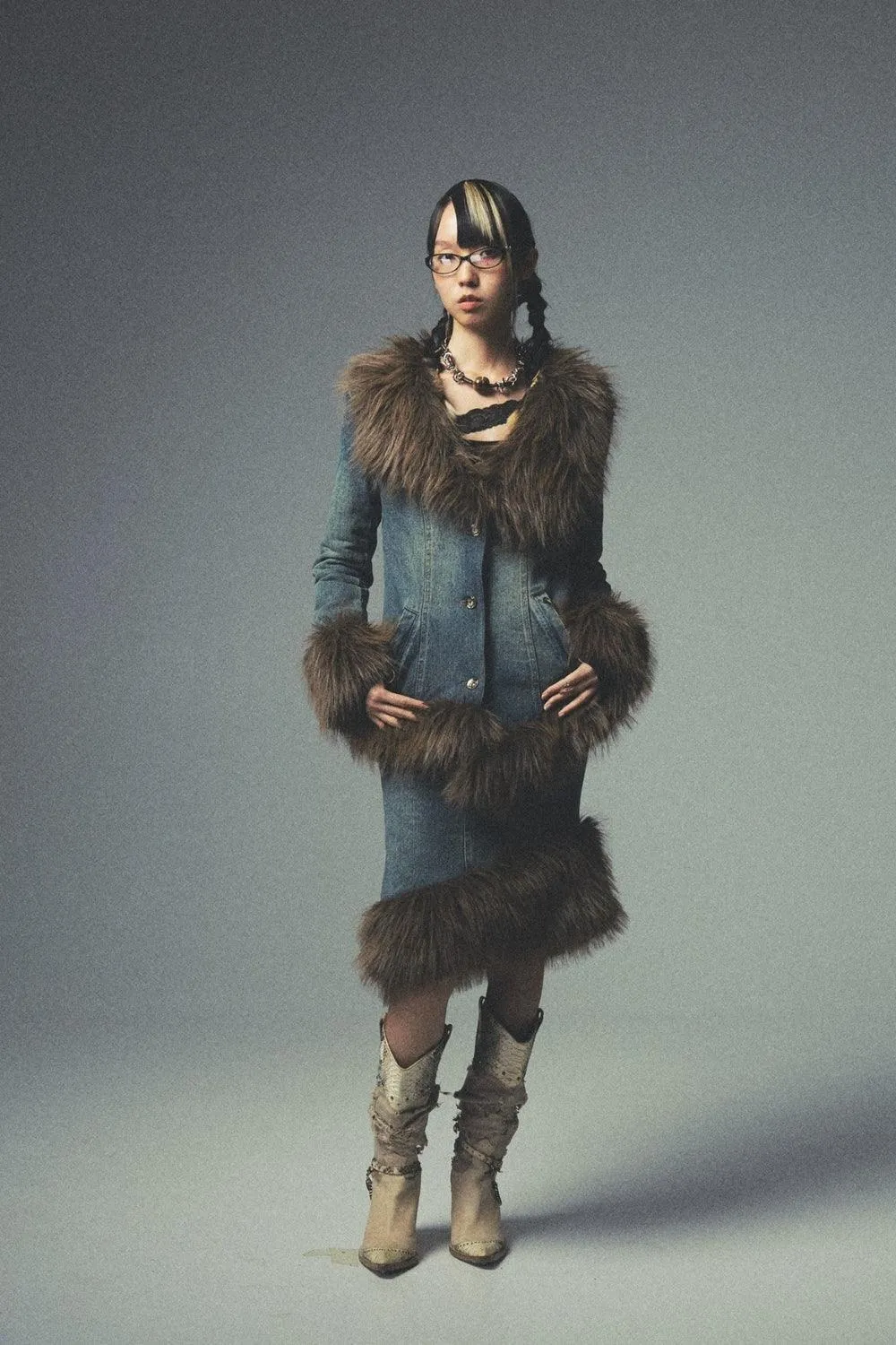 Asymmetric Fur Denim Skirt