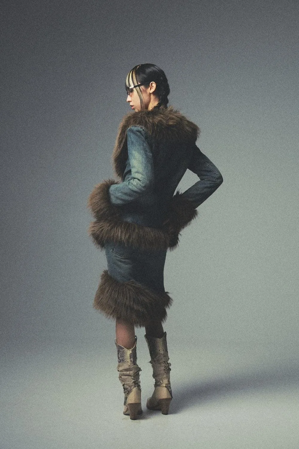 Asymmetric Fur Denim Skirt