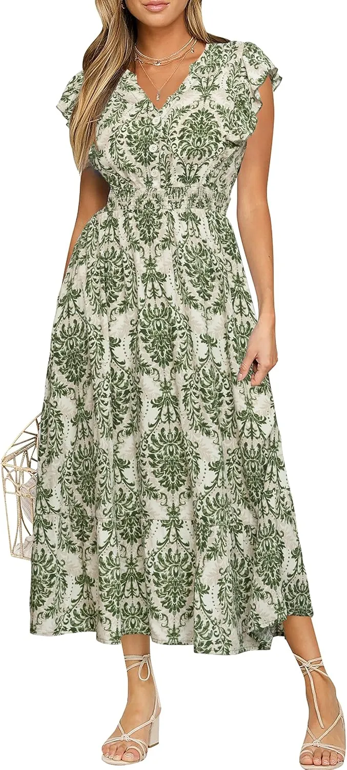 BerryGo Womens Summer Floral Maxi Dress Casual Boho V Neck Ruffle Short Sleeve Beach Long Dresses with Pockets