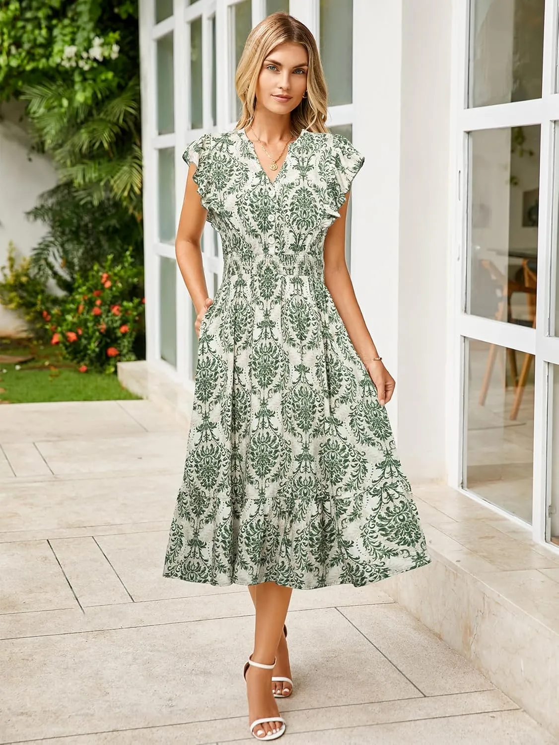 BerryGo Womens Summer Floral Maxi Dress Casual Boho V Neck Ruffle Short Sleeve Beach Long Dresses with Pockets