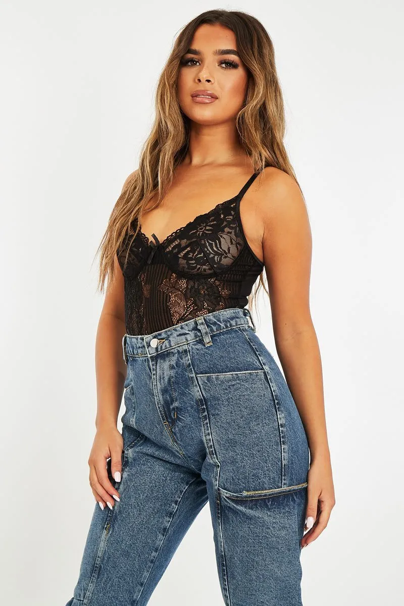 Black Lace Corset Cup Bodysuit - Layne
