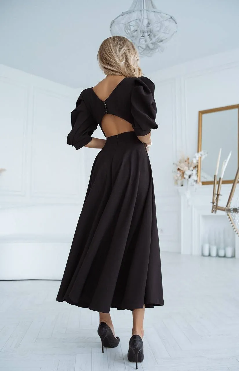 BLACK MIDI DRESS "OPEN BACK PEARL"