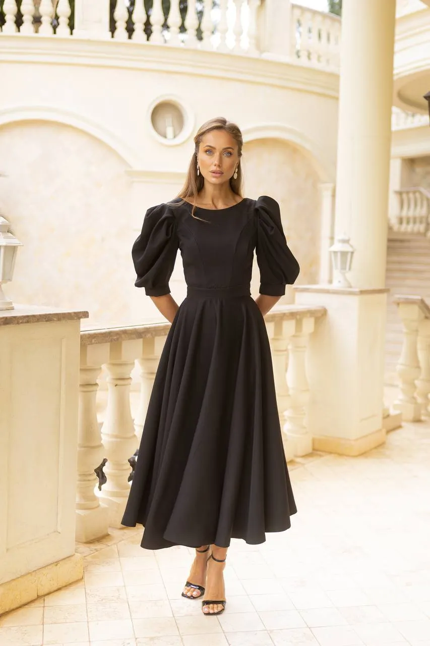 BLACK MIDI DRESS "OPEN BACK PEARL"