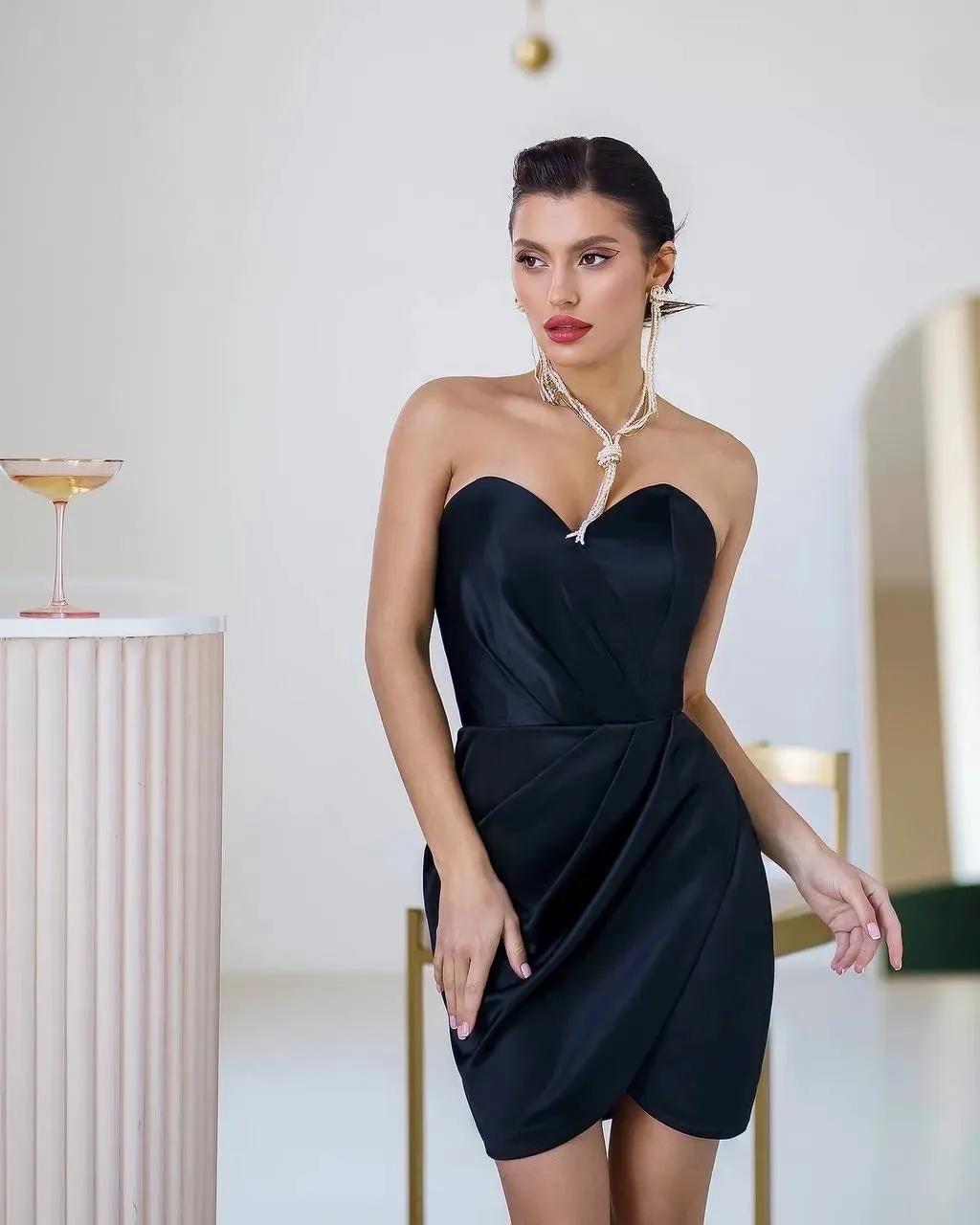 Black mini dress "Luxe satin strapless"