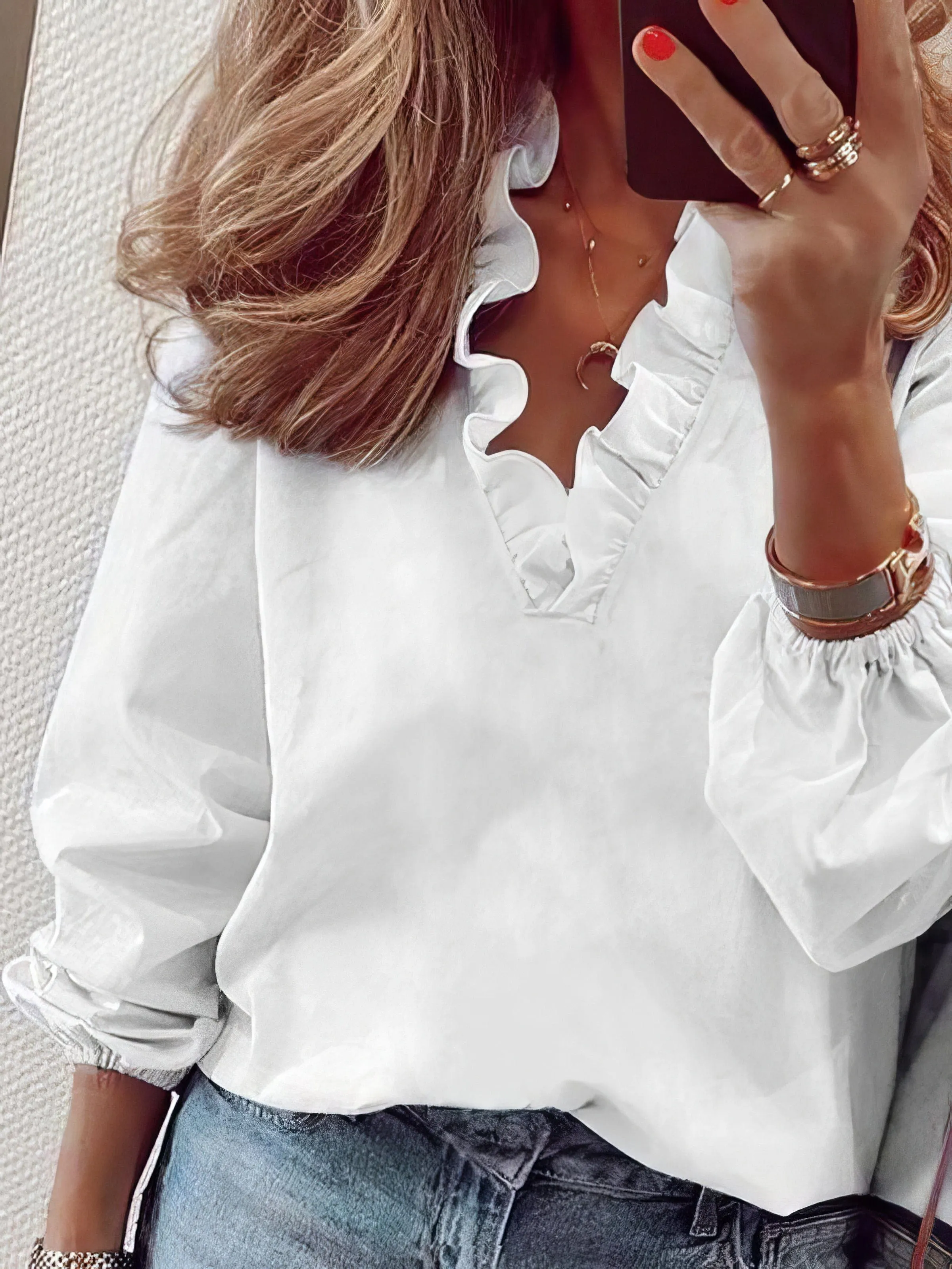 Blouse with Lace Trim and Ribbed Texture