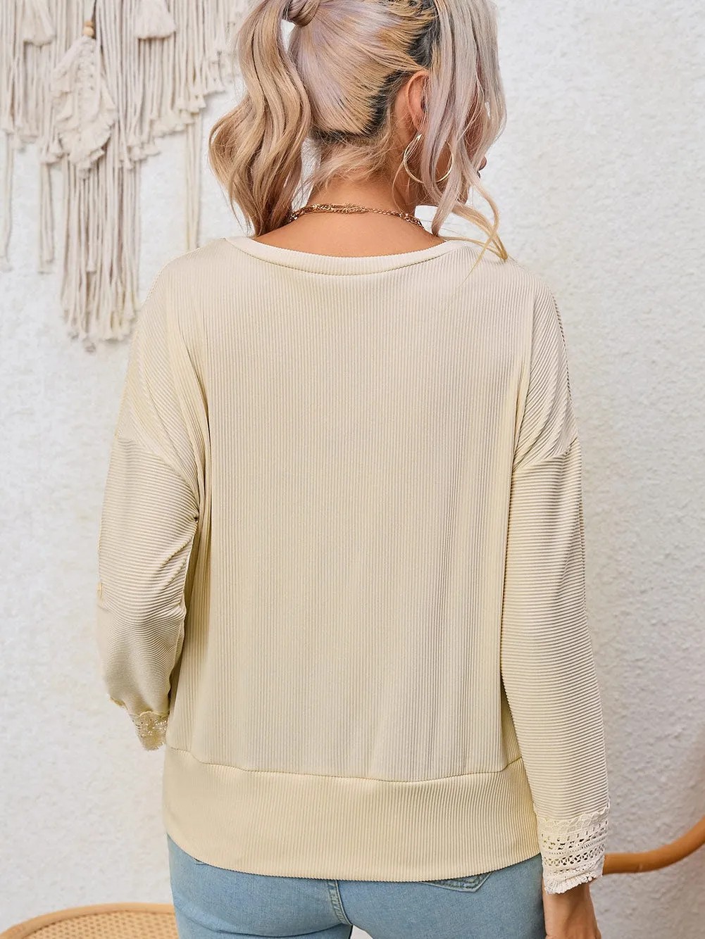 Blouse with Lace Trim and Ribbed Texture