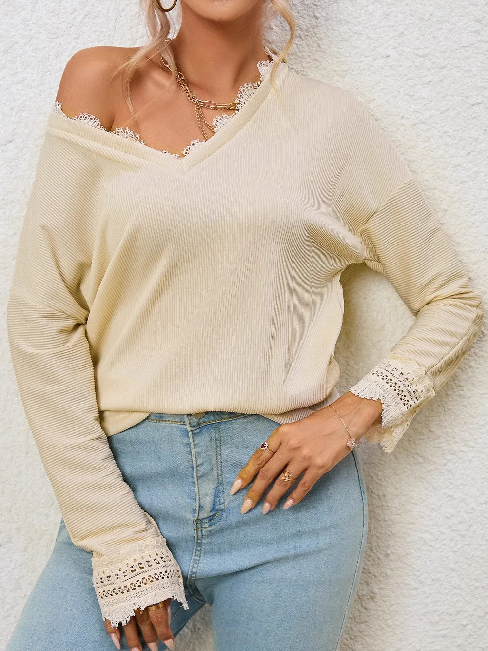Blouse with Lace Trim and Ribbed Texture