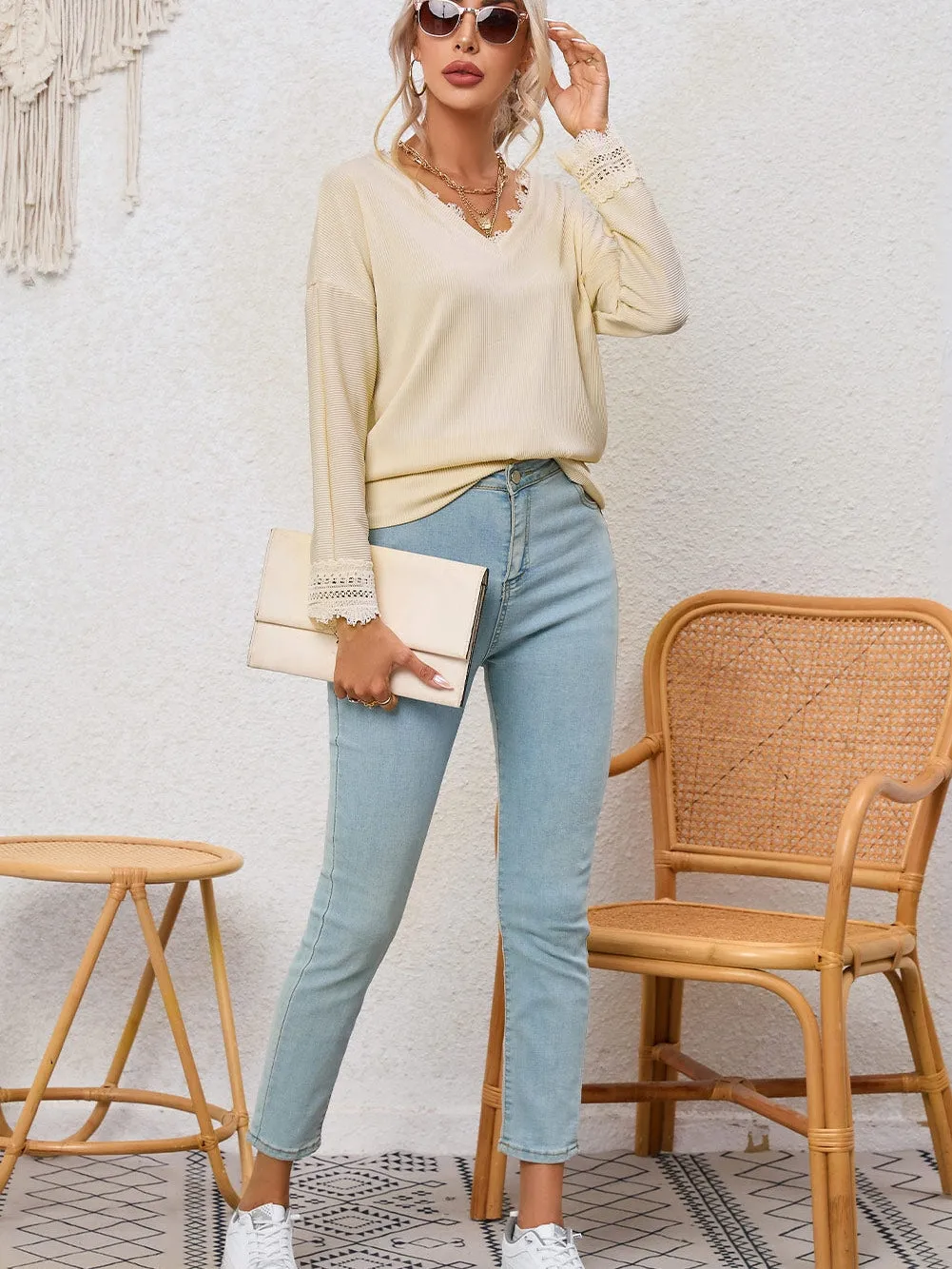 Blouse with Lace Trim and Ribbed Texture
