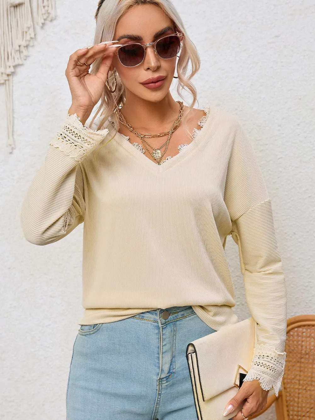 Blouse with Lace Trim and Ribbed Texture