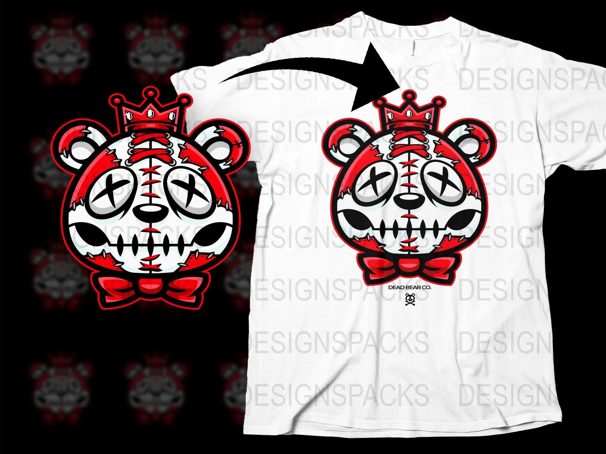 Bold Red Crowned Bear with Stitches Graphic Png Digital Download