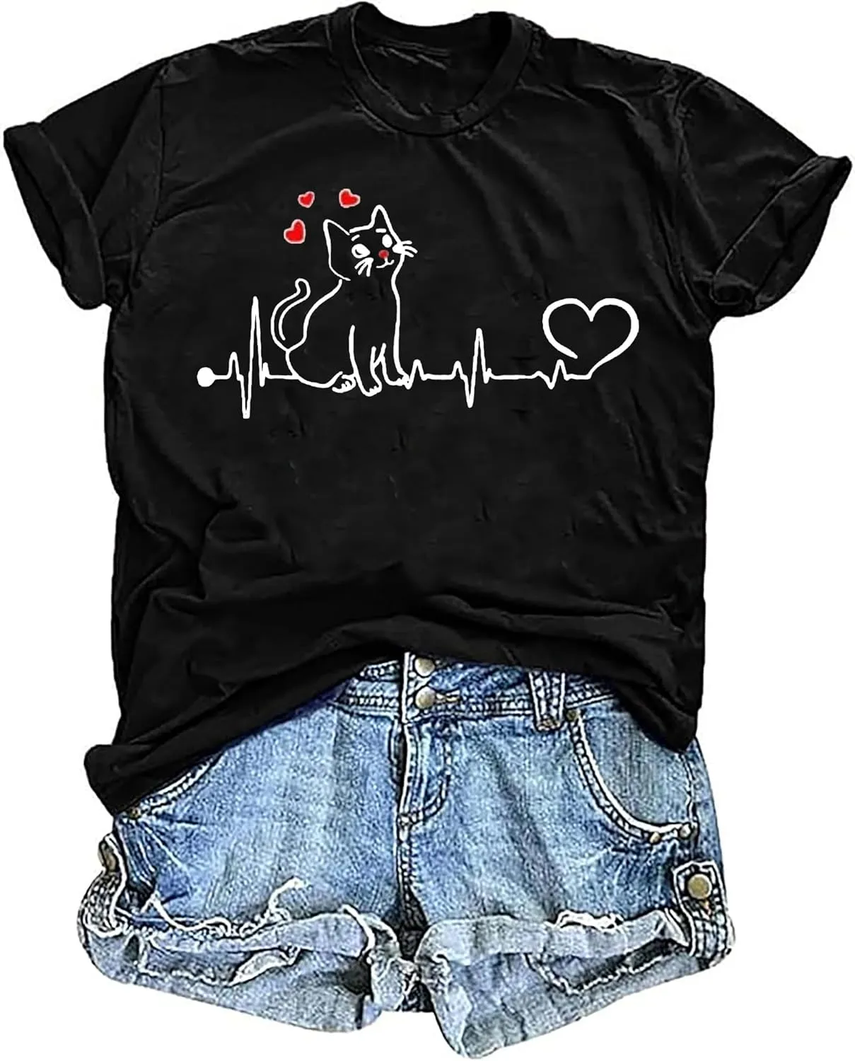BOMYTAO Cute Cat Shirt for Women Cat Mom Heartbeat Paw Print T-Shirt Short Sleeve Casual Tee Top