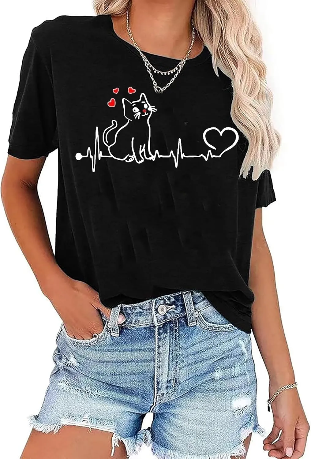 BOMYTAO Cute Cat Shirt for Women Cat Mom Heartbeat Paw Print T-Shirt Short Sleeve Casual Tee Top