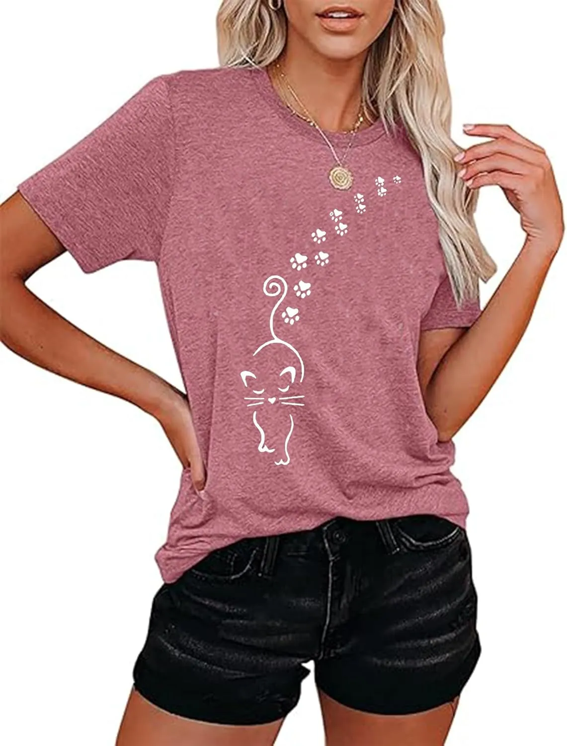 BOMYTAO Cute Cat Shirt for Women Cat Mom Heartbeat Paw Print T-Shirt Short Sleeve Casual Tee Top