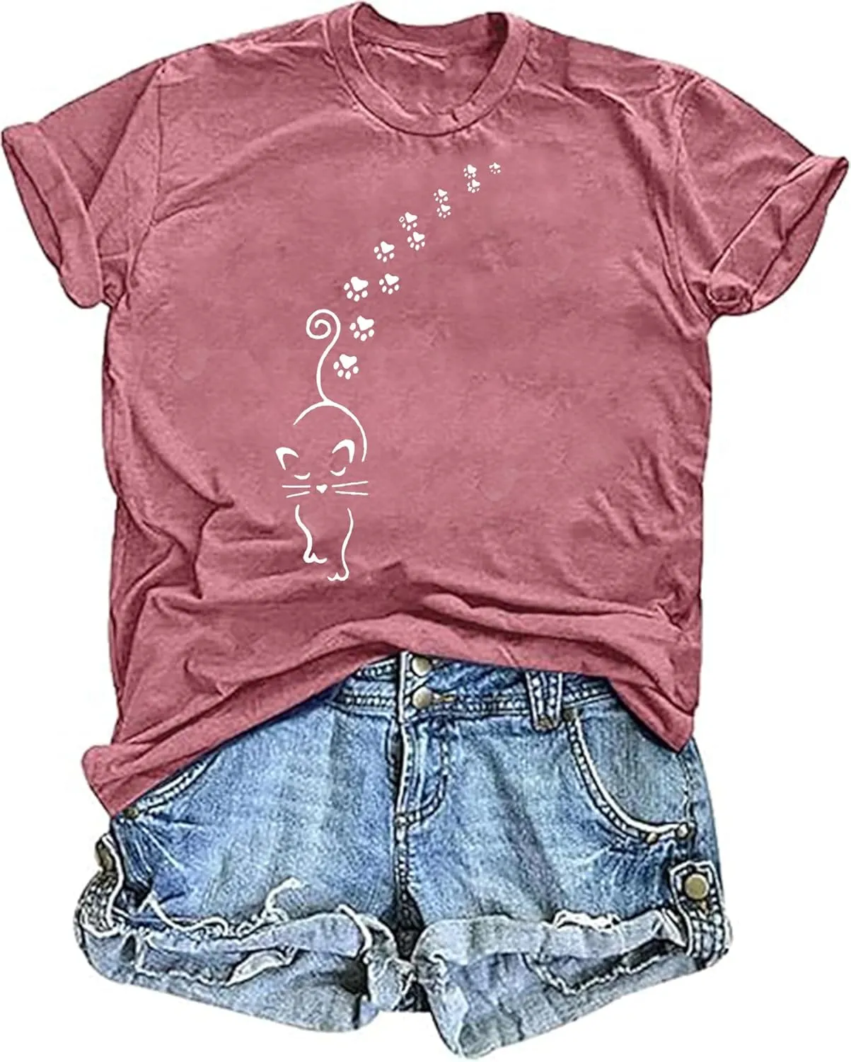 BOMYTAO Cute Cat Shirt for Women Cat Mom Heartbeat Paw Print T-Shirt Short Sleeve Casual Tee Top