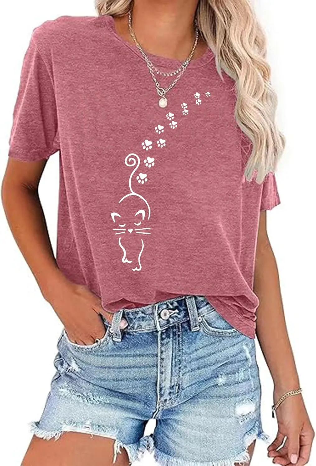 BOMYTAO Cute Cat Shirt for Women Cat Mom Heartbeat Paw Print T-Shirt Short Sleeve Casual Tee Top