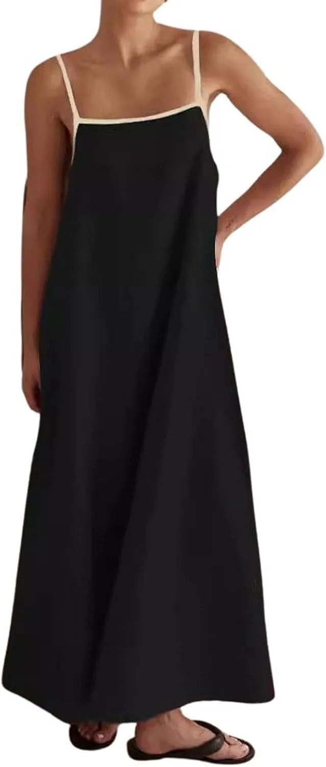 CHARTOU Women Summer Spaghetti Straps Linen Sleeveless Maxi Long Flowy Dress