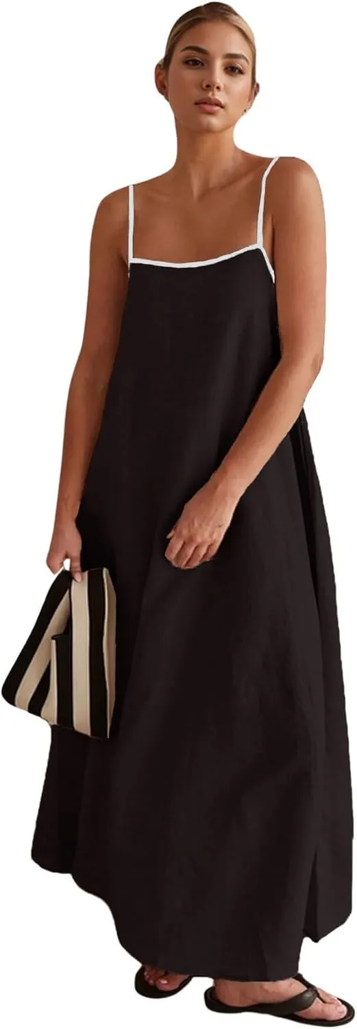 CHARTOU Women Summer Spaghetti Straps Linen Sleeveless Maxi Long Flowy Dress