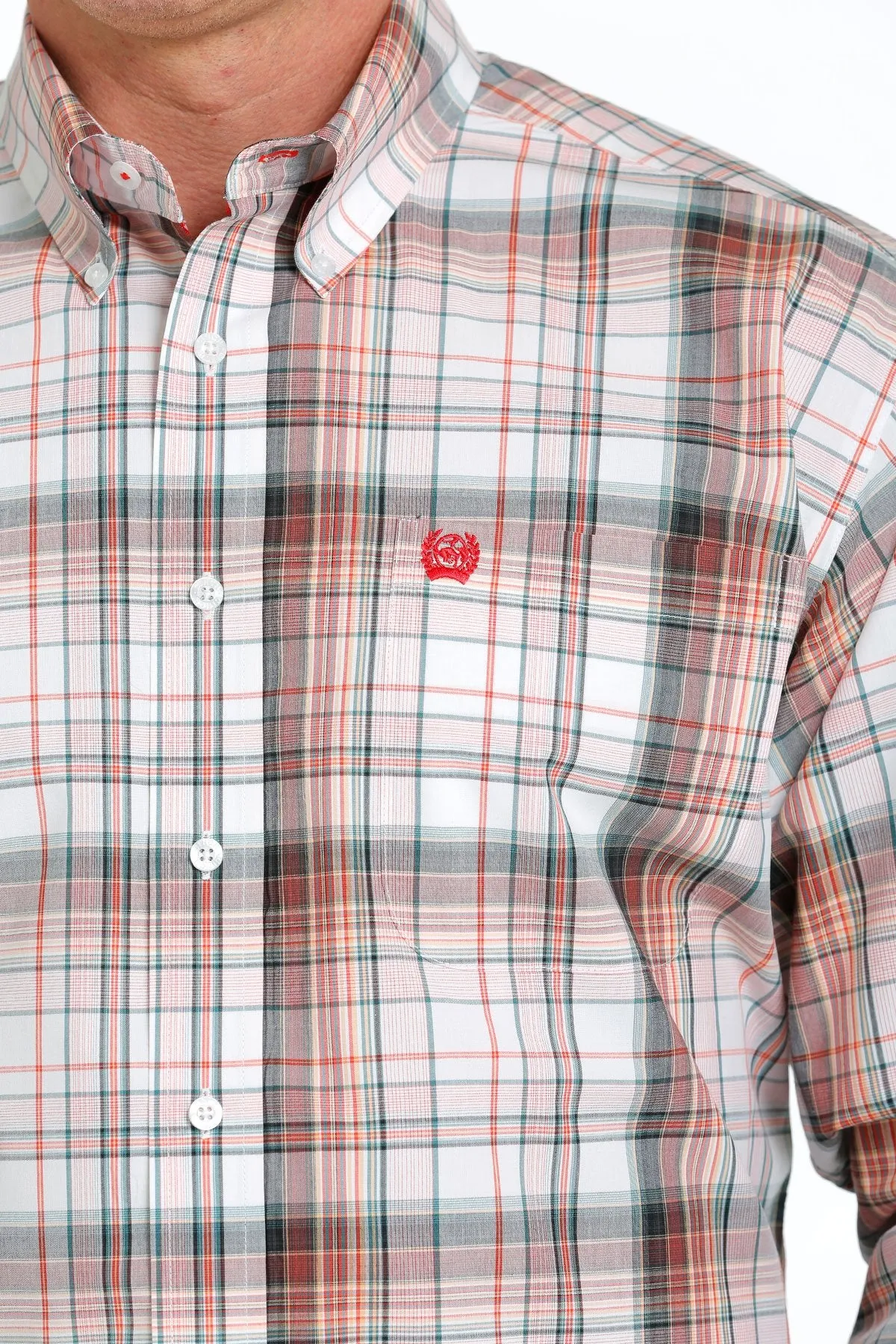 Cinch Mens Plaid Buttoned Down Western L/S Shirt - White/Orange/Green - MTW1105554