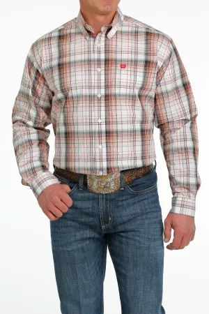 Cinch Mens Plaid Buttoned Down Western L/S Shirt - White/Orange/Green - MTW1105554