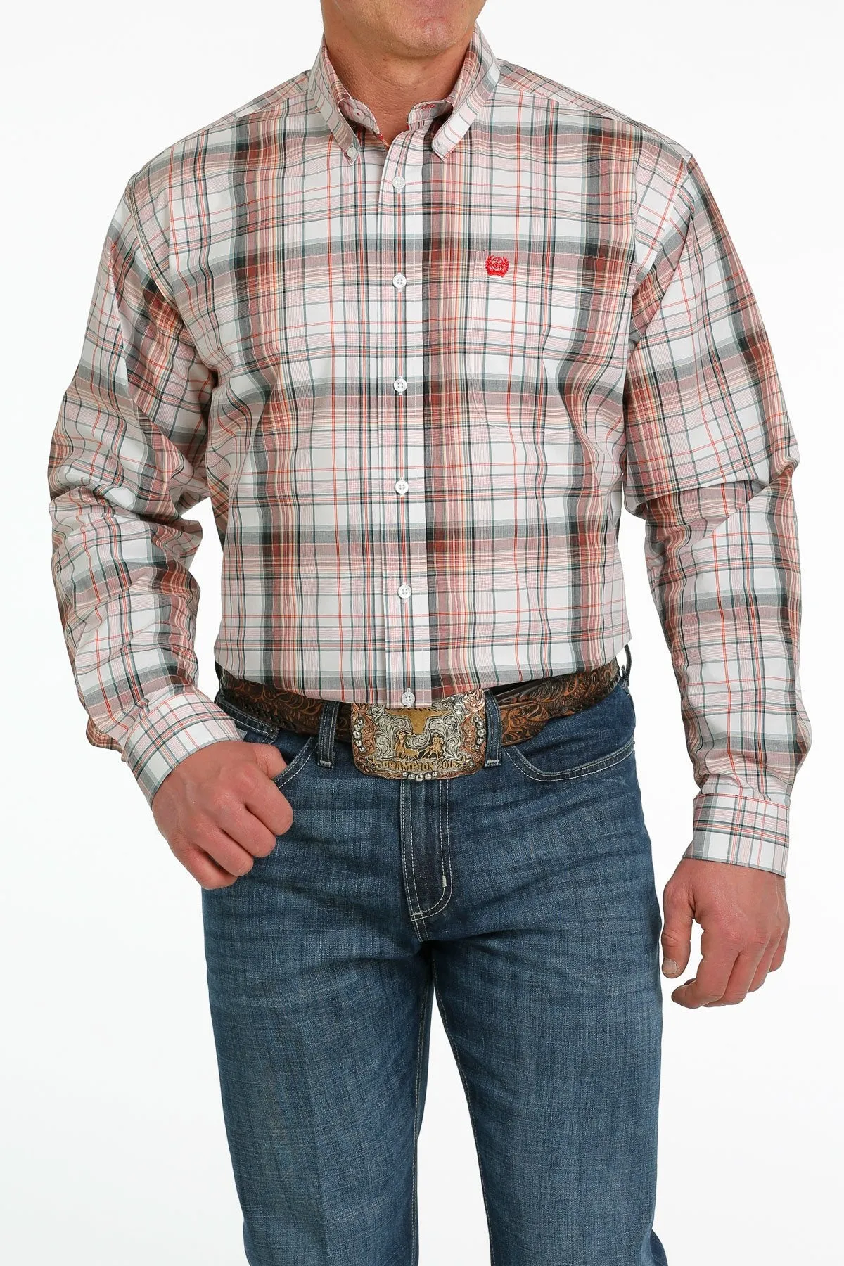 Cinch Mens Plaid Buttoned Down Western L/S Shirt - White/Orange/Green - MTW1105554