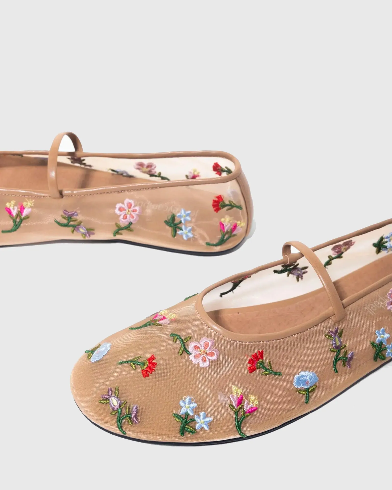 Clementina Embroidery Mesh Ballet Flats In Brown