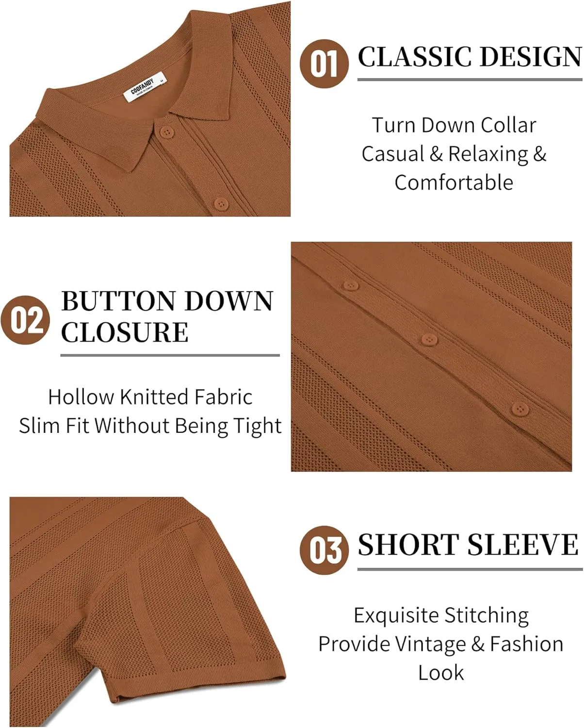 COOFANDY Men's Knit Shirts Short Sleeve Button Down Polo Shirt Vintage Casual Beach Shirt Summer Tops