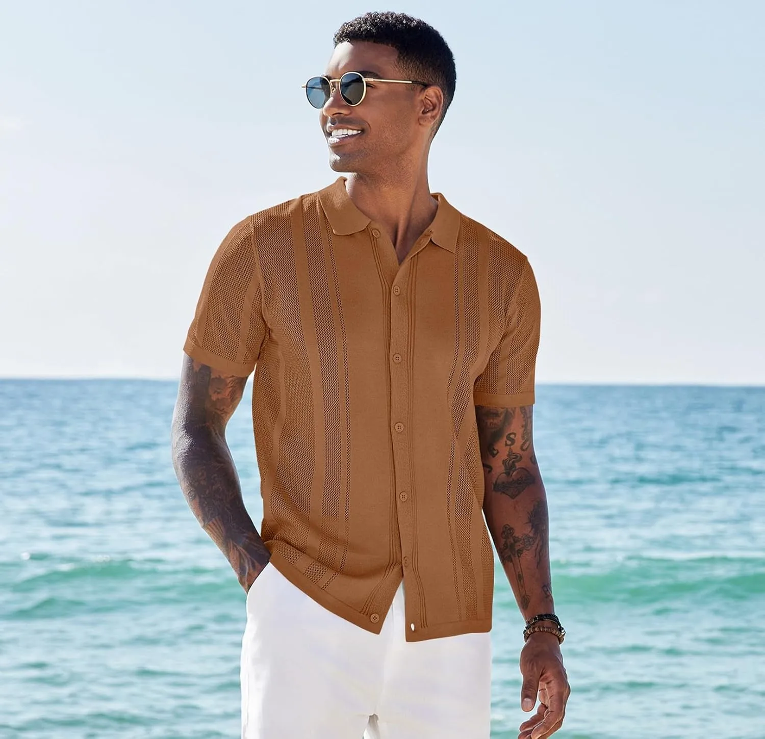 COOFANDY Men's Knit Shirts Short Sleeve Button Down Polo Shirt Vintage Casual Beach Shirt Summer Tops