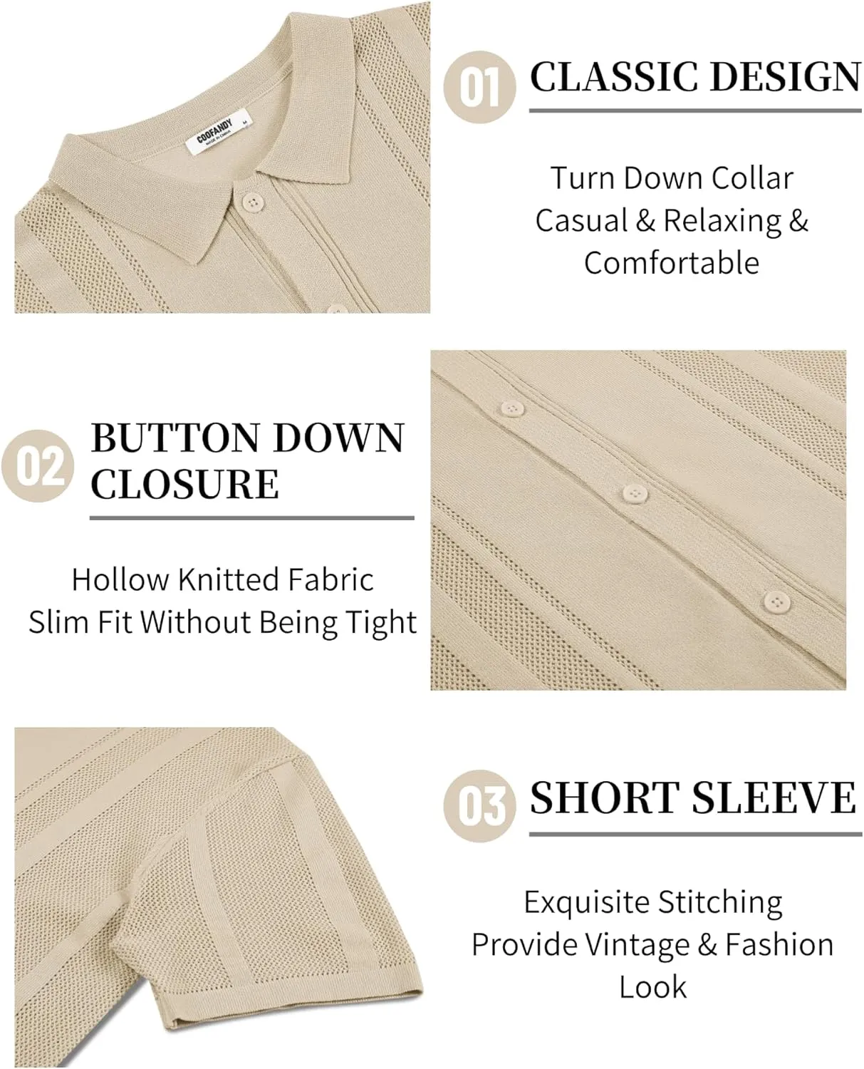COOFANDY Men's Knit Shirts Short Sleeve Button Down Polo Shirt Vintage Casual Beach Shirt Summer Tops