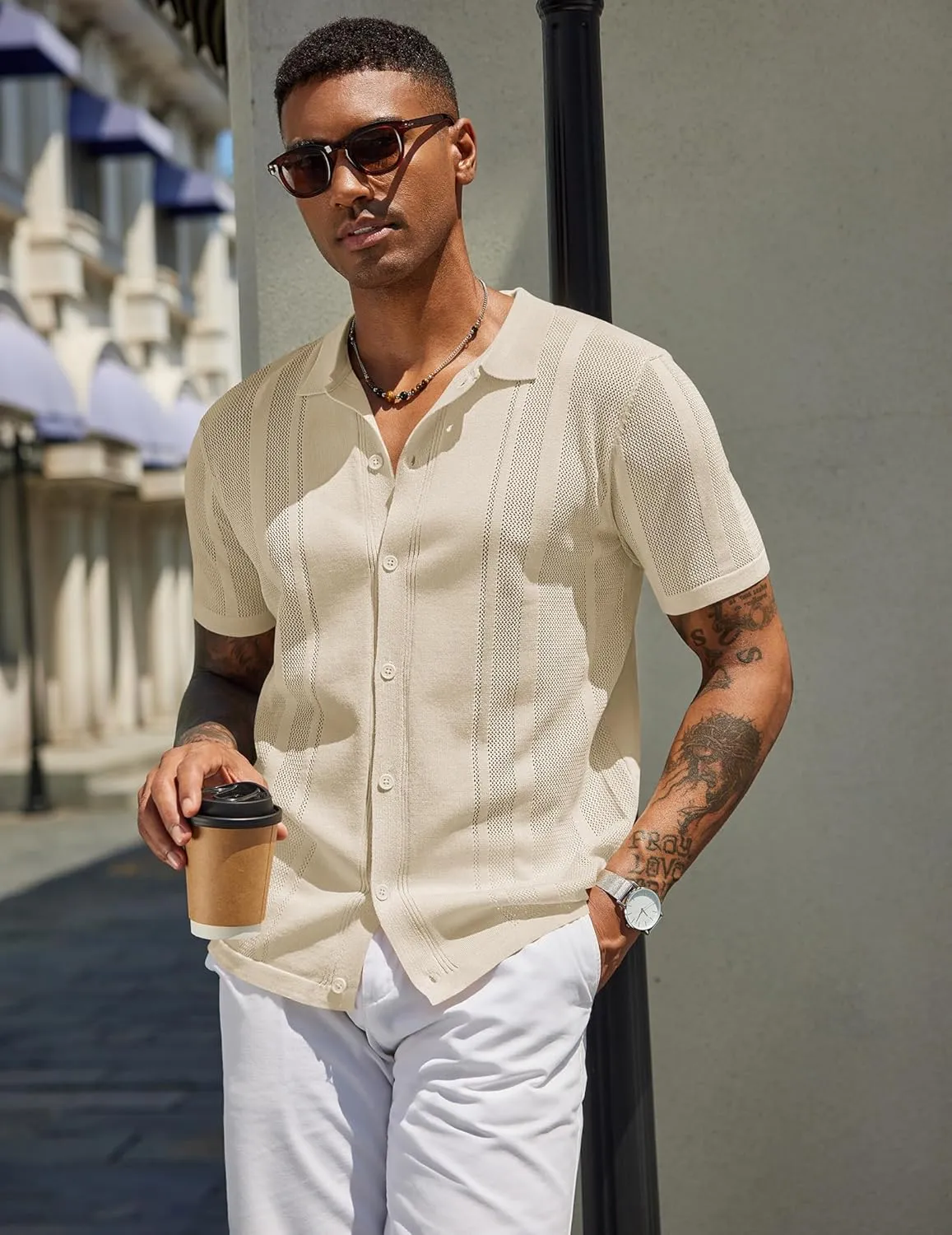 COOFANDY Men's Knit Shirts Short Sleeve Button Down Polo Shirt Vintage Casual Beach Shirt Summer Tops