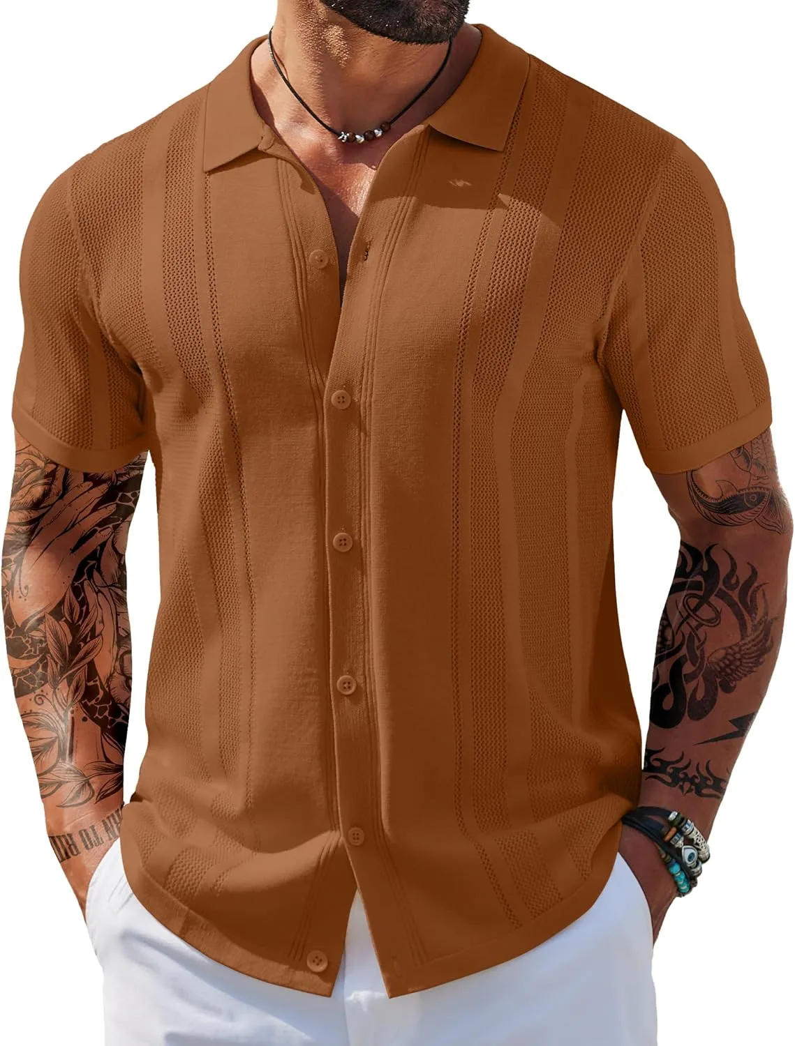 COOFANDY Men's Knit Shirts Short Sleeve Button Down Polo Shirt Vintage Casual Beach Shirt Summer Tops