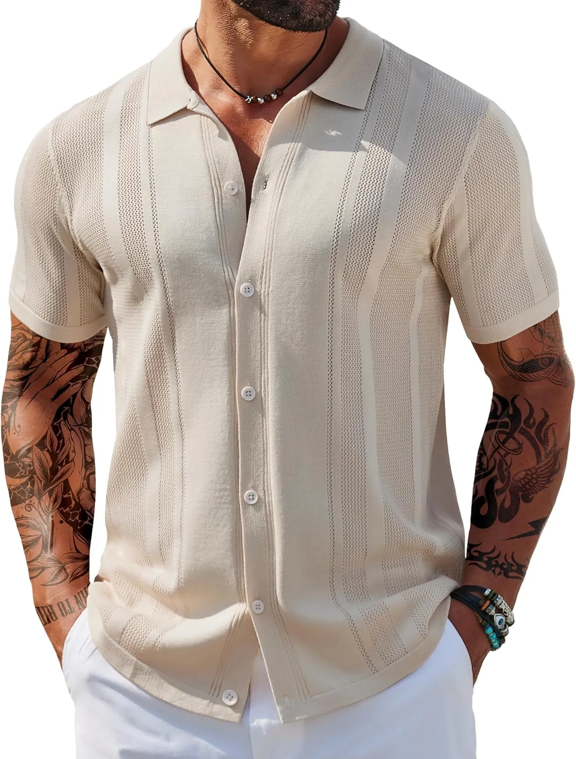 COOFANDY Men's Knit Shirts Short Sleeve Button Down Polo Shirt Vintage Casual Beach Shirt Summer Tops