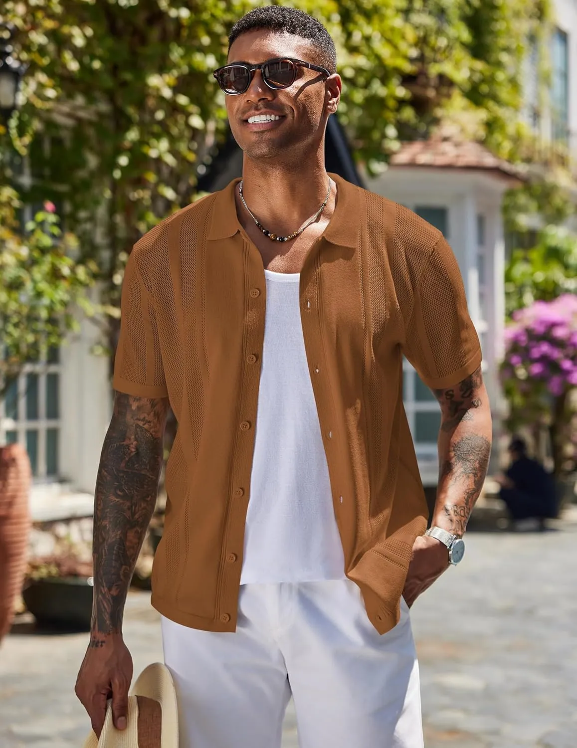 COOFANDY Men's Knit Shirts Short Sleeve Button Down Polo Shirt Vintage Casual Beach Shirt Summer Tops