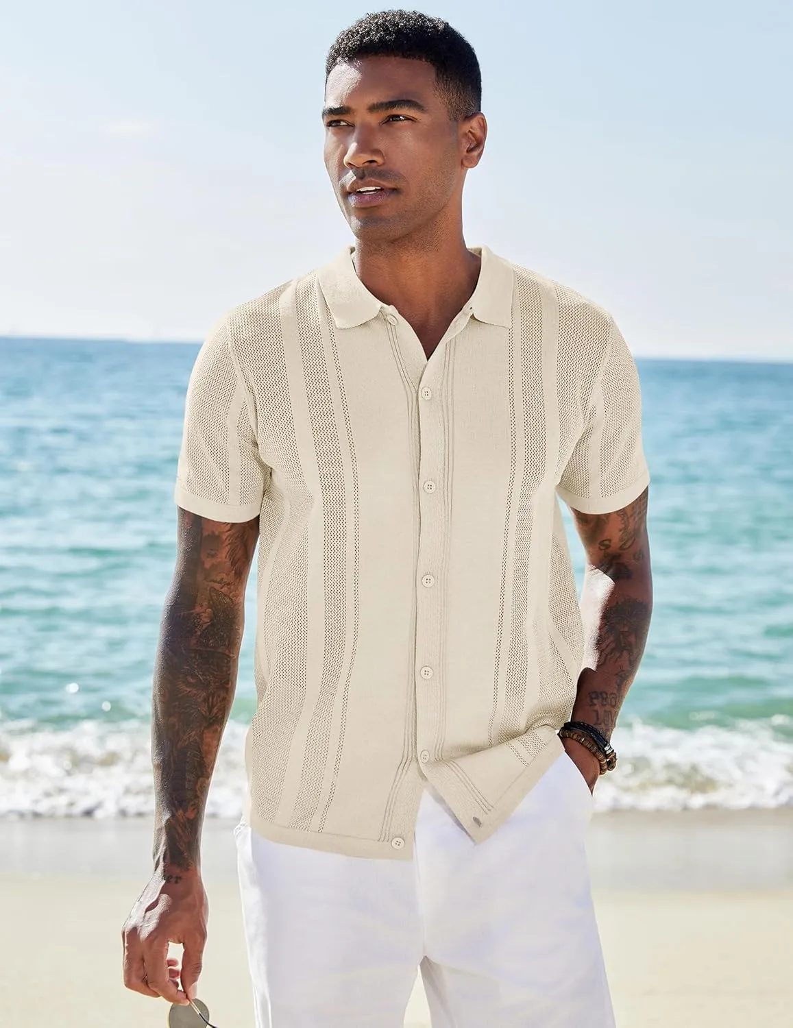 COOFANDY Men's Knit Shirts Short Sleeve Button Down Polo Shirt Vintage Casual Beach Shirt Summer Tops