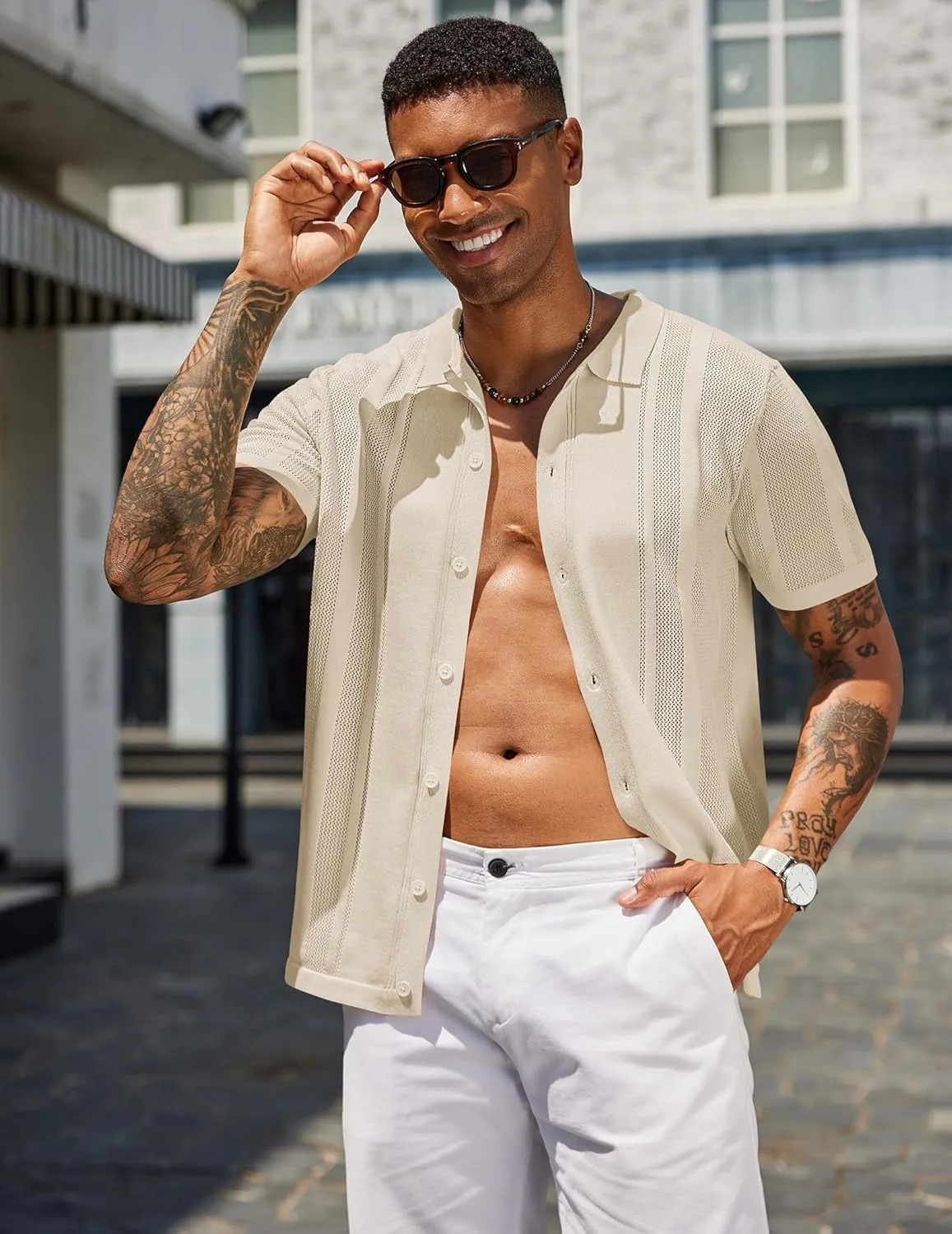 COOFANDY Men's Knit Shirts Short Sleeve Button Down Polo Shirt Vintage Casual Beach Shirt Summer Tops