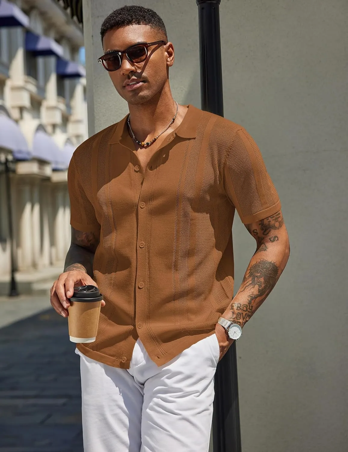 COOFANDY Men's Knit Shirts Short Sleeve Button Down Polo Shirt Vintage Casual Beach Shirt Summer Tops
