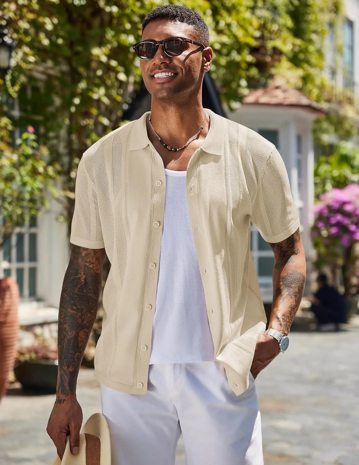 COOFANDY Men's Knit Shirts Short Sleeve Button Down Polo Shirt Vintage Casual Beach Shirt Summer Tops