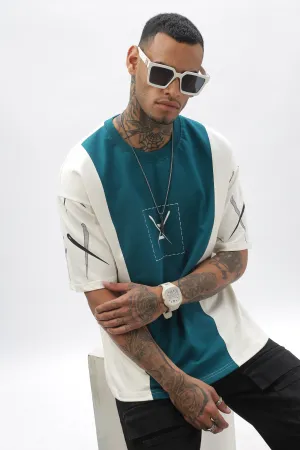 CrossBlock Peacock Green & Cream Dropshoulder Tee