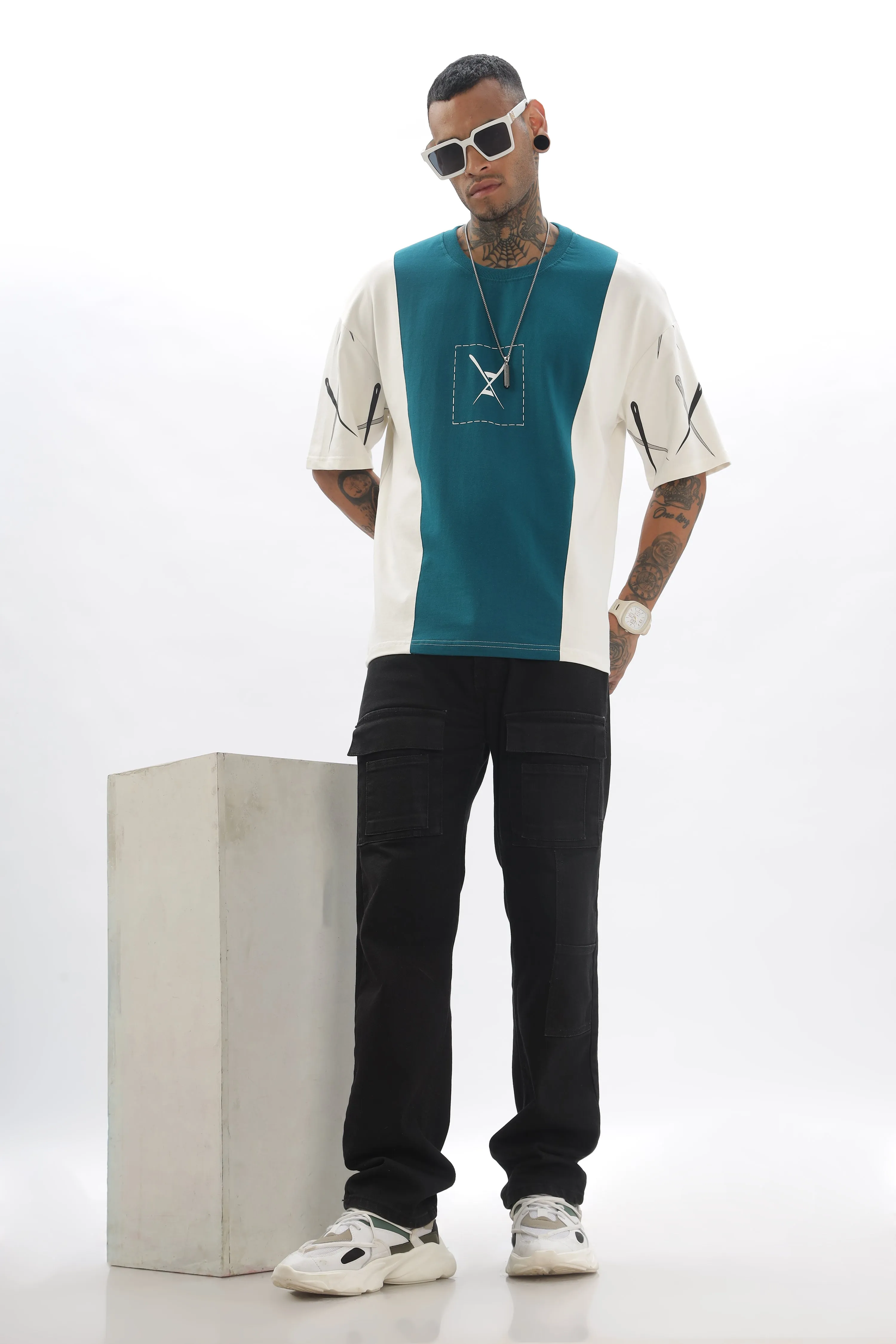 CrossBlock Peacock Green & Cream Dropshoulder Tee