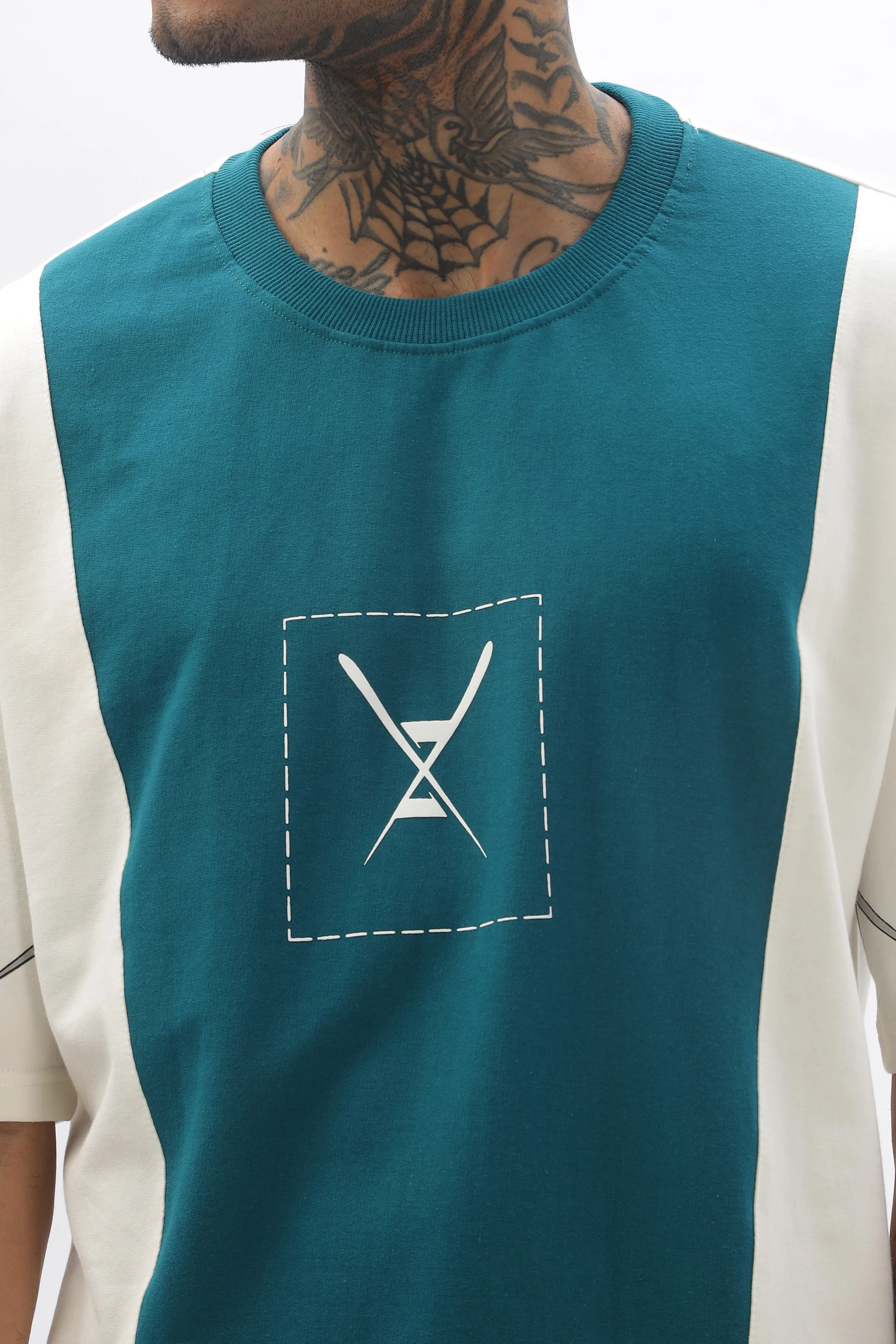 CrossBlock Peacock Green & Cream Dropshoulder Tee