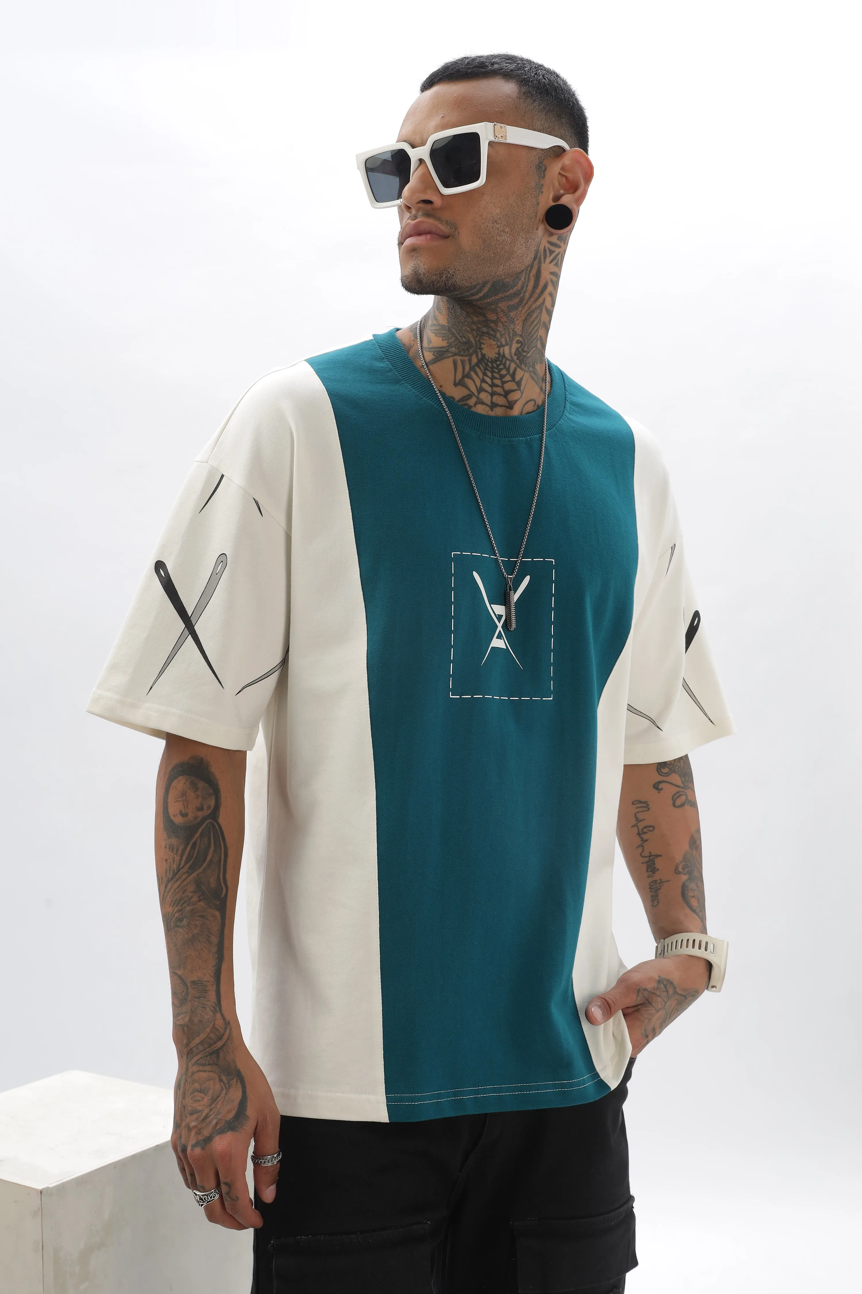 CrossBlock Peacock Green & Cream Dropshoulder Tee