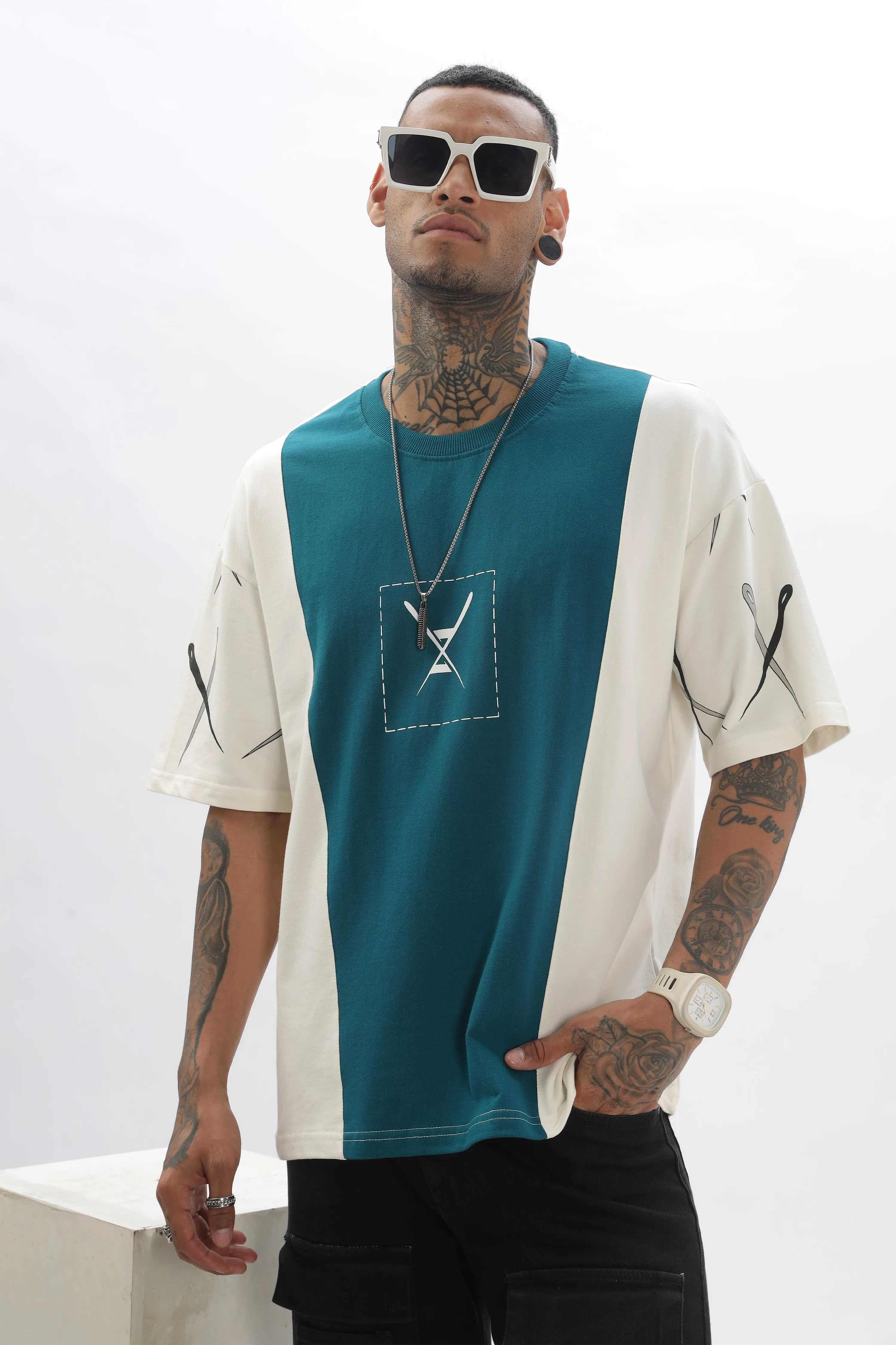 CrossBlock Peacock Green & Cream Dropshoulder Tee