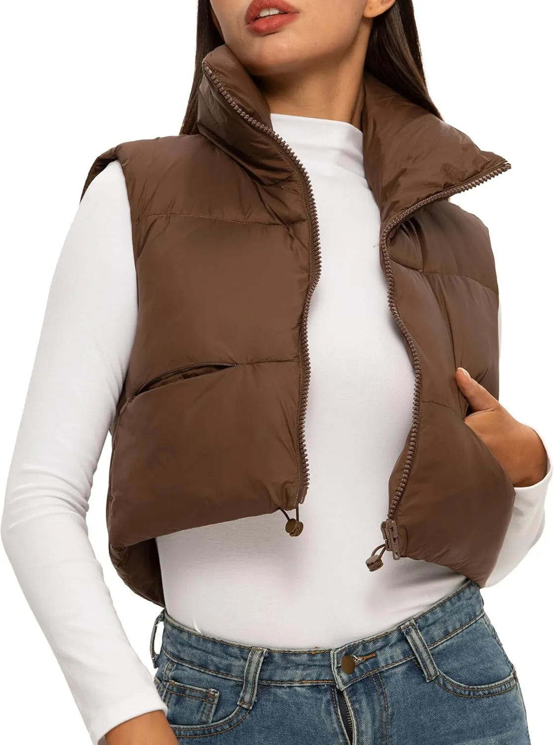 ELLEVEN Women's Cropped Puffer Vest with Pockets, High Stand Collar Crop Outerwear Lightweight Padded Gilet